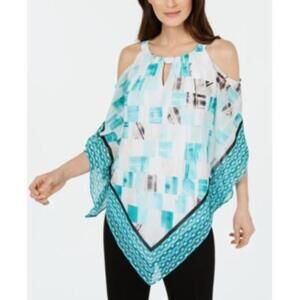 Alfani Womens Teal Cold Shoulder Printed Keyhole Party Top XL